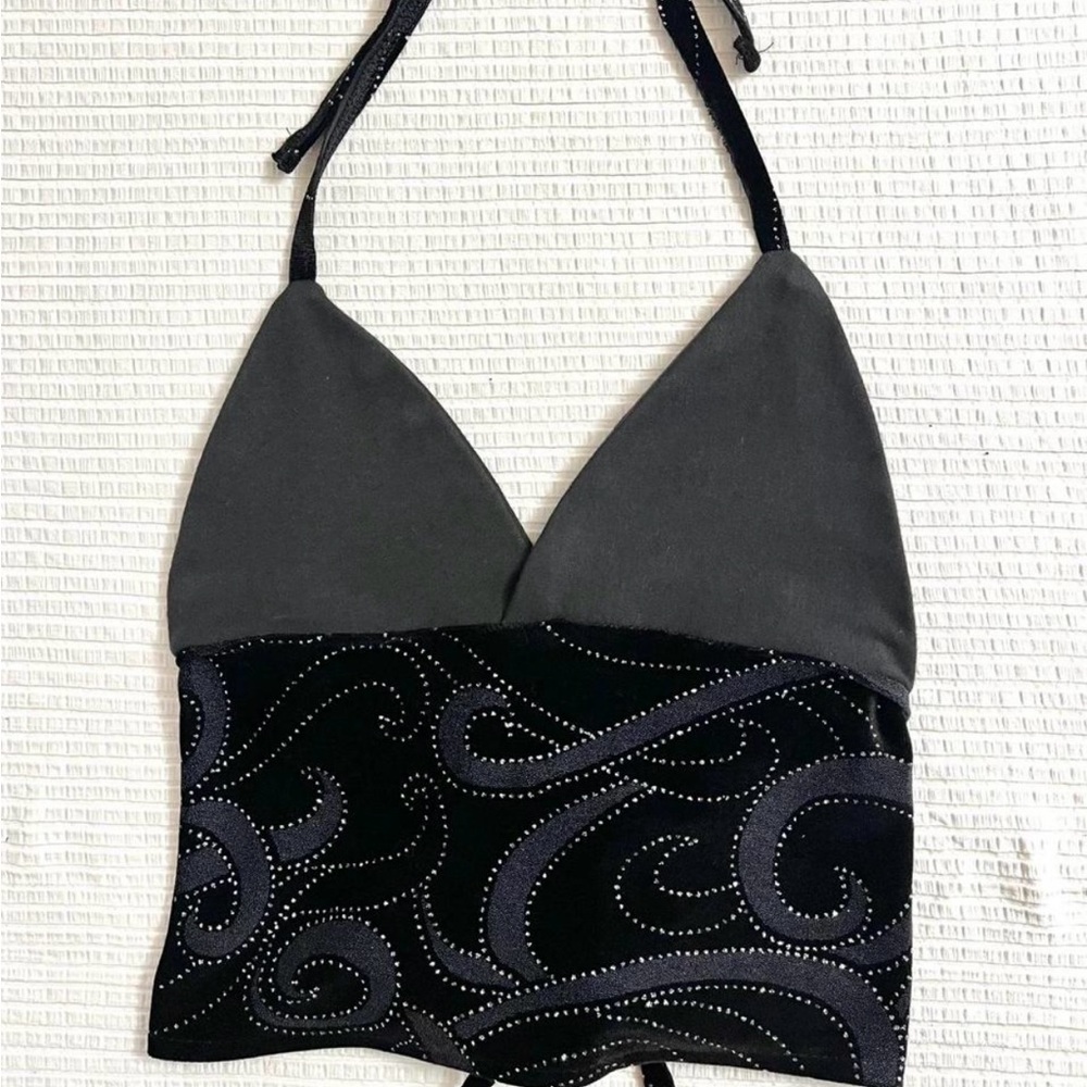 Handmade Black rhinestone velvet halter top